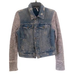 Free People Distressed Denim Jacket With Knit Sleeves